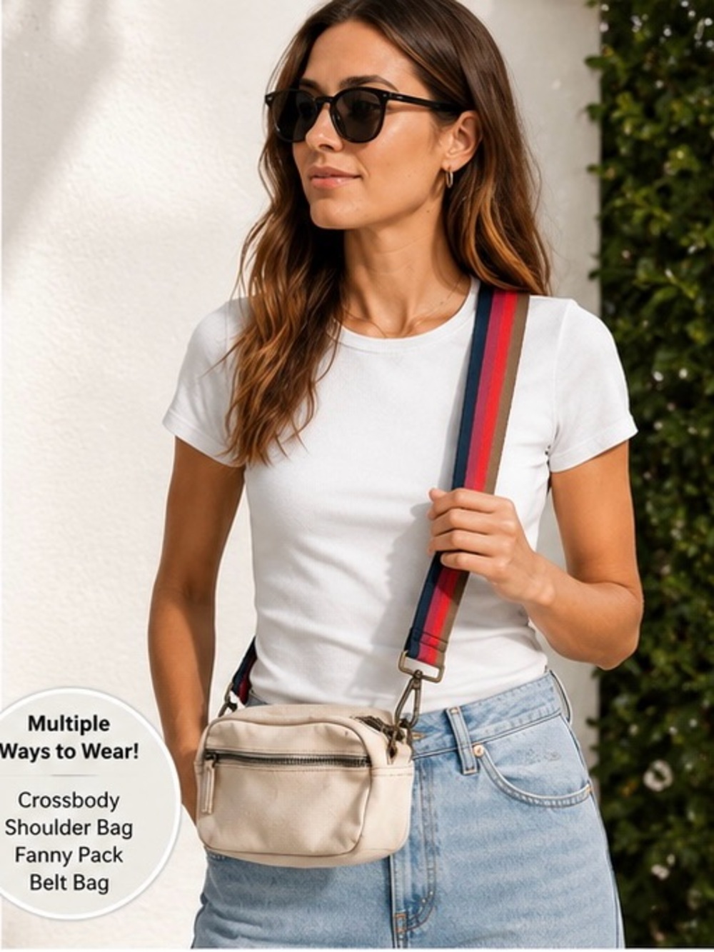 Marine Layer Canvas Crossbody Belt Bag Cream Adjustable Stripe Strap EUC